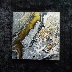 12" x 12" Acrylic Pour Painting Black White & Gold